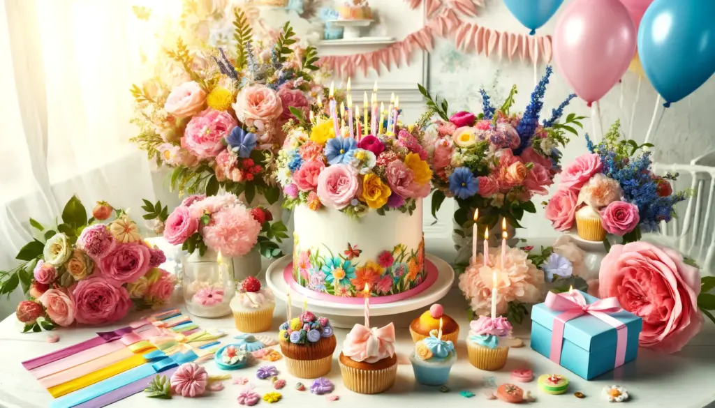 birthday cake and flowers